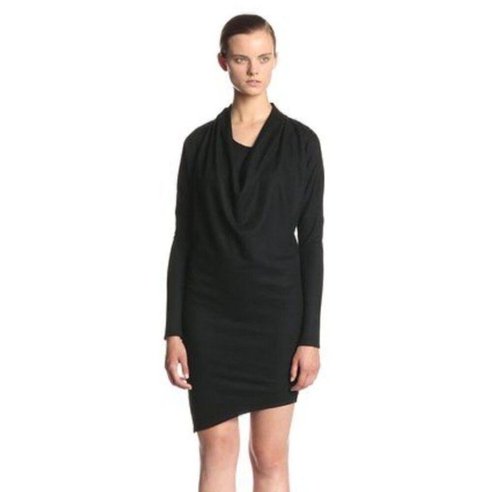 Helmut Lang FLAWED Dolman Sonar Wool Cowl Neck LS Asymmetrical Dress Black Large